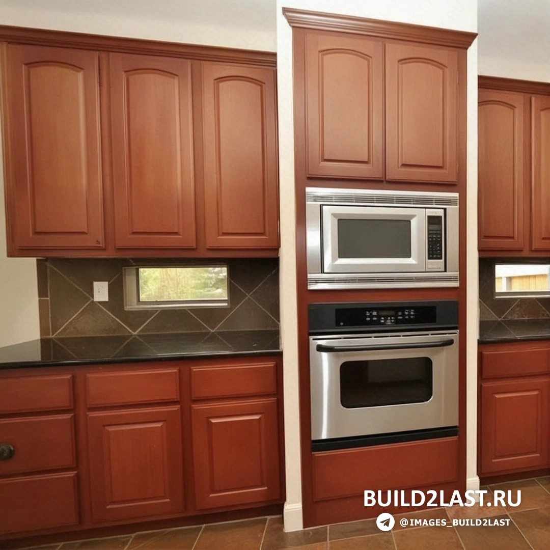 Духовой шкаф в кухне с коричневыми тонами, керамической плиткой и холодильником