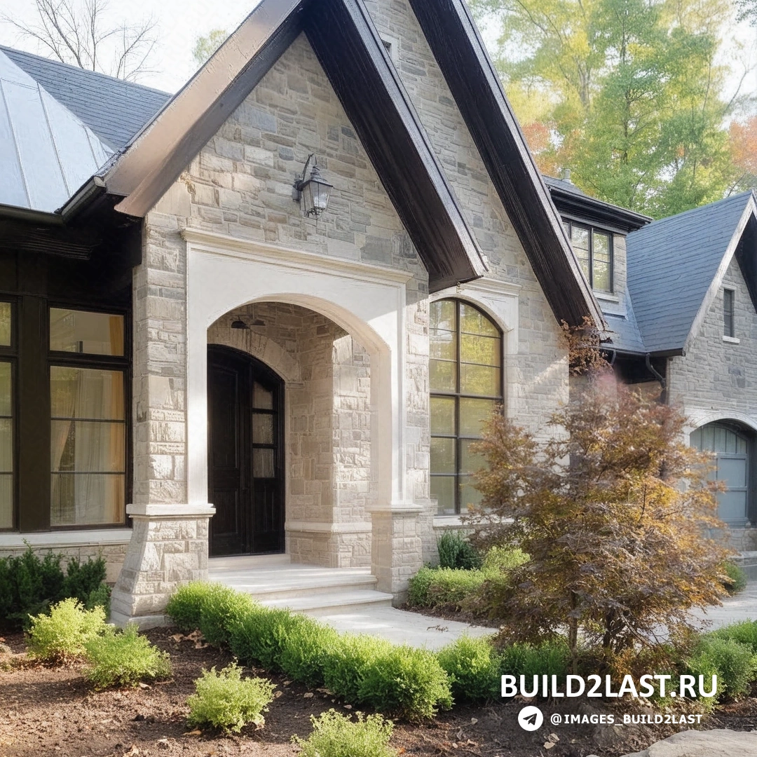 Фасад загородного дома с стеклянными элементами и ландшафтным дизайном во дворе.