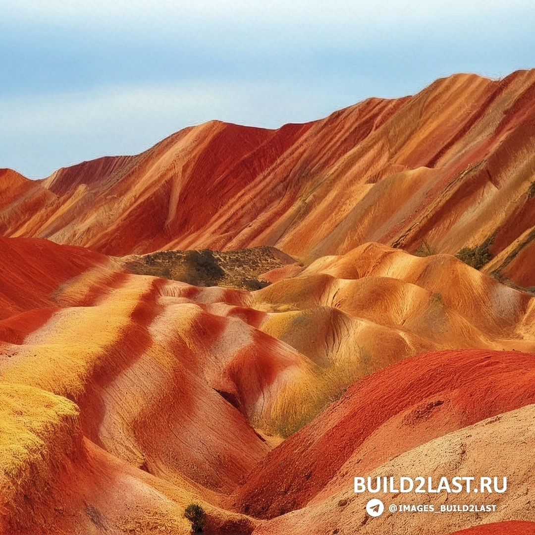 Горы с разноцветным песчаником в Китае, оттенки желтого, зеленого и красного.