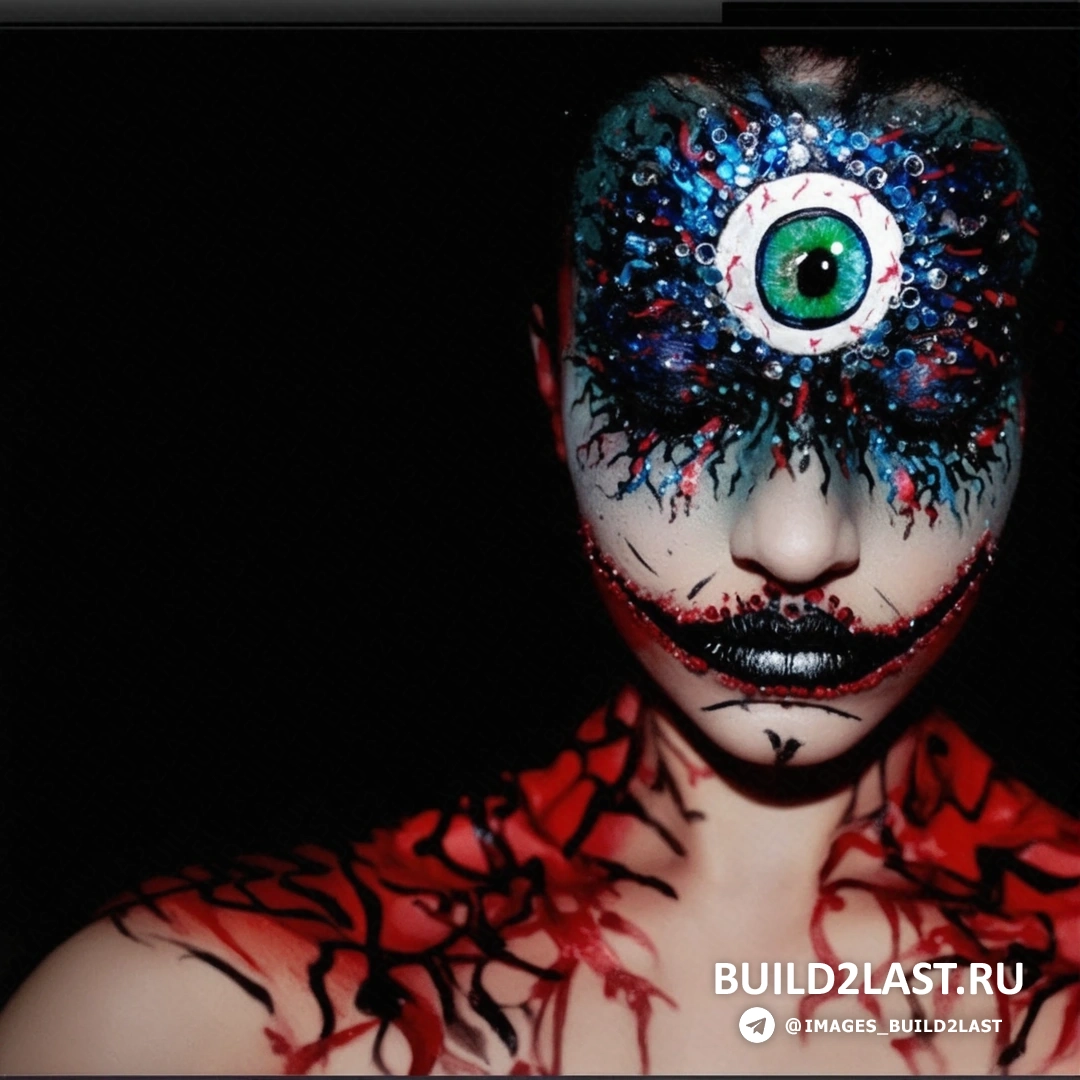 Темный макияж с неоновыми элементами, создающий устрашающий эффект