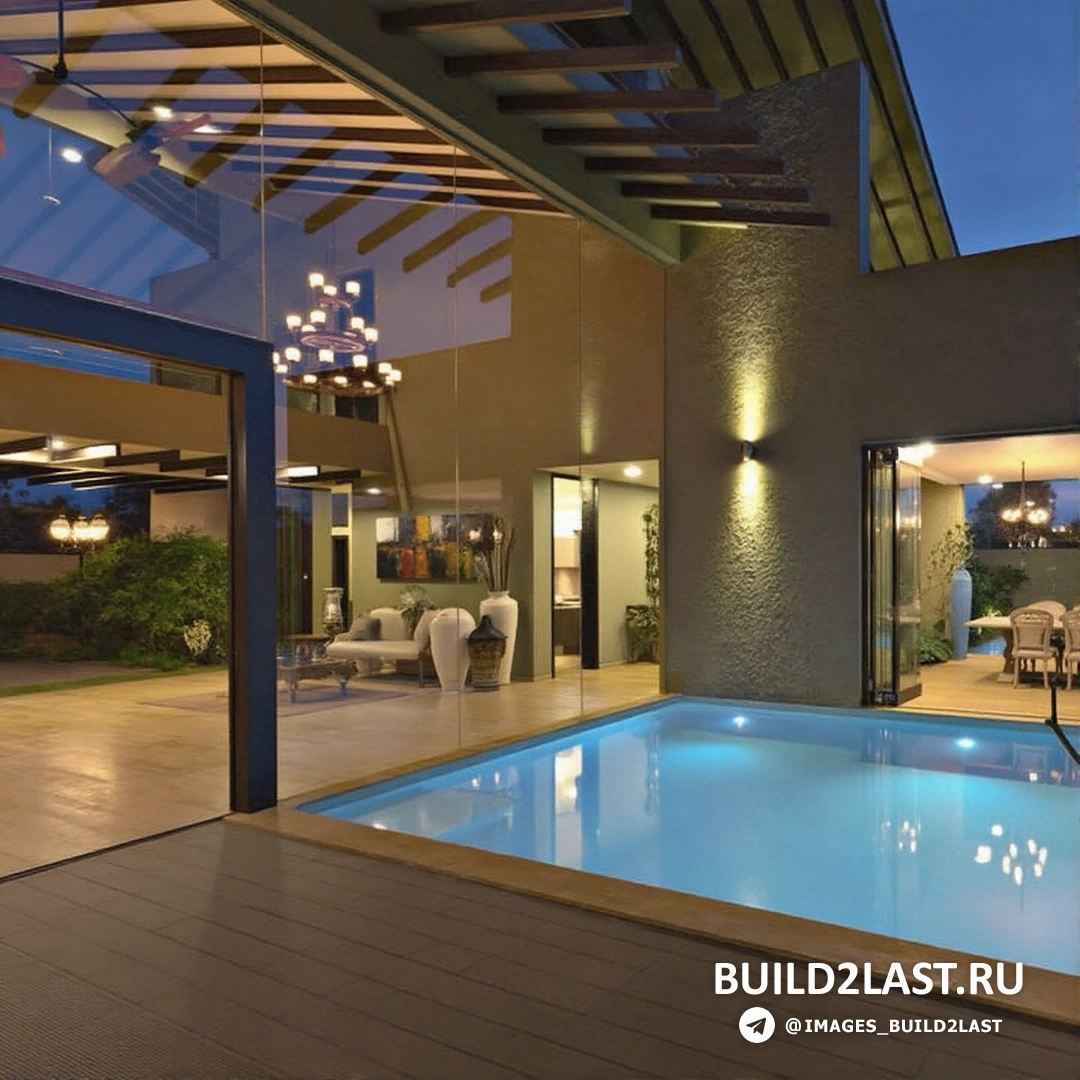 Вид на внутренний дворик виллы с бассейном и точечным освещением в Индии