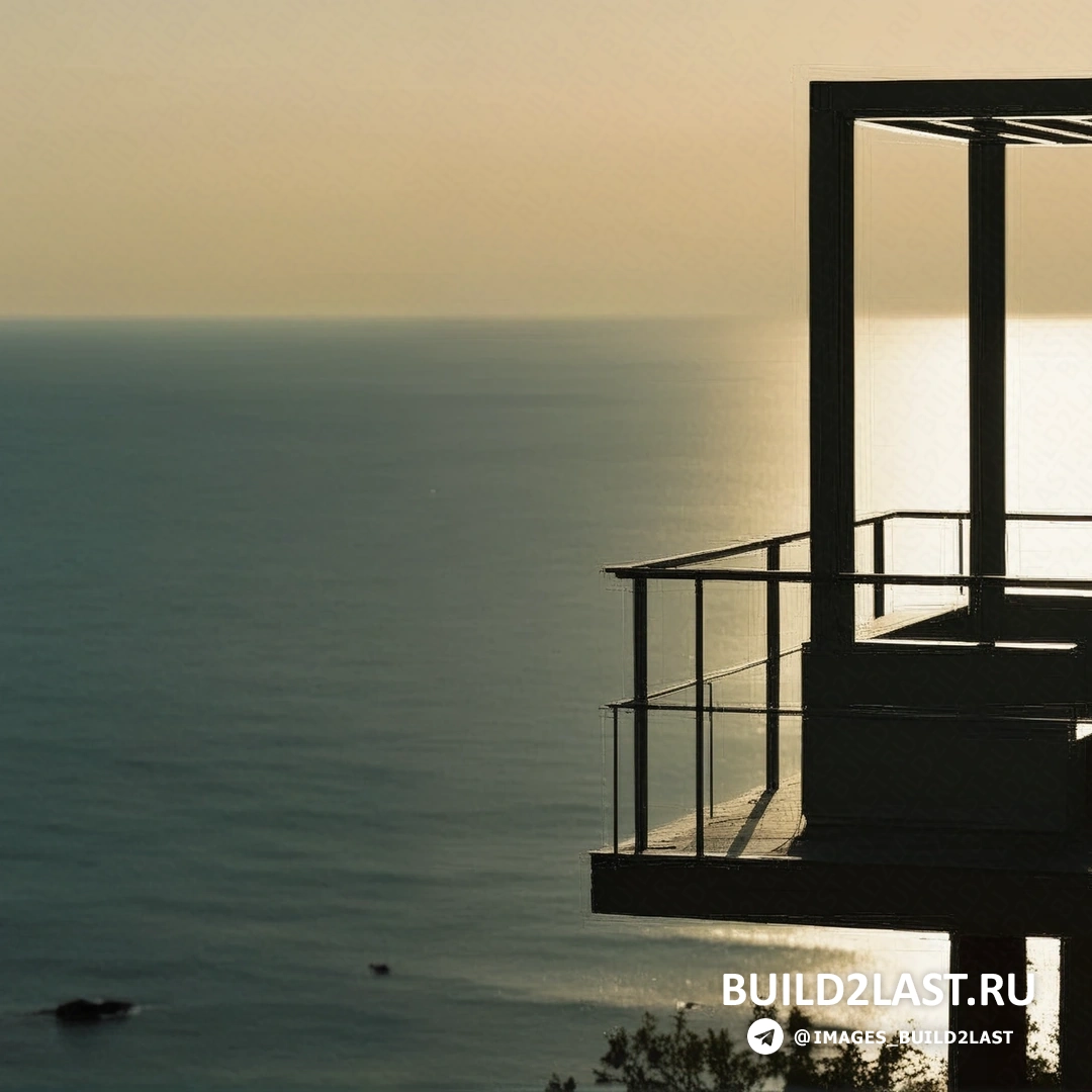 Закат на фоне дома с видом на океан, золотые и оранжевые оттенки небес отражаются в воде